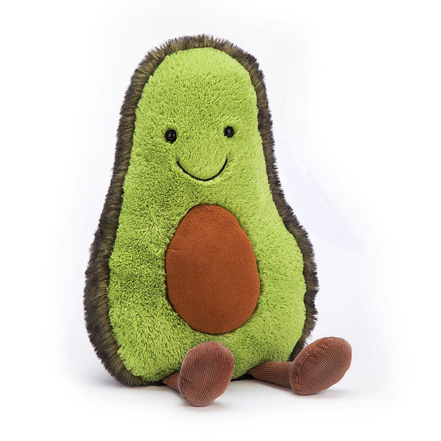 Plush Amuseable Avocado Medium toy with a smiling face on a white background