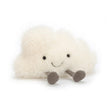 Soft and fluffy white plush toy shaped like a smiling cloud with small black eyes and gray fabric legs, featuring the Amuseables Cloud design.