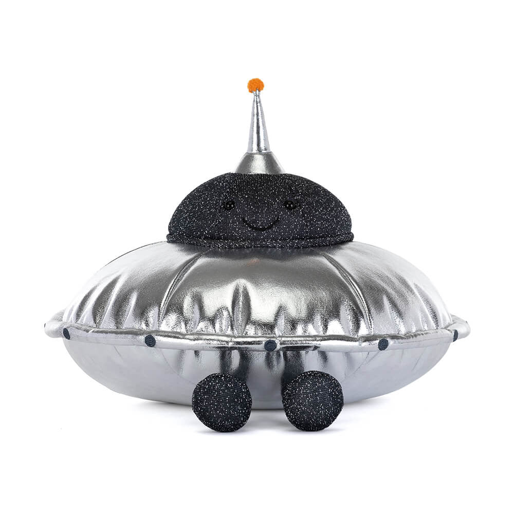 Amuseables Jellysaucer plush toy resembling a silver flying saucer with a black top on a white background
