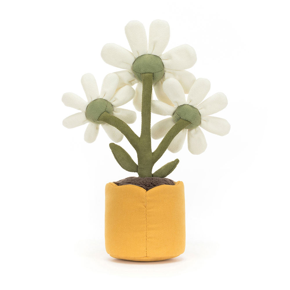 Rear view of a plush Amuseables Daisy in a flower pot with white flowers and green stems on a white background