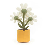 Rear view of a plush Amuseables Daisy in a flower pot with white flowers and green stems on a white background