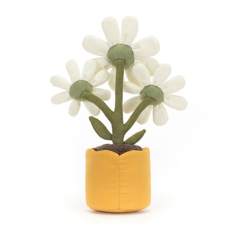 Soft plush toy of three white daisies with green centers and stems in a yellow fabric pot, designed as Amuseables Daisy for a charming kids gift or toy.