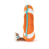 Side view of a plush toy Amuseables Life Ring with orange and white body and blue accents on a white background