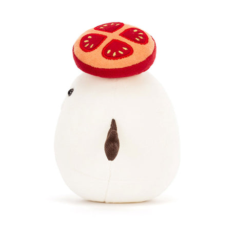 Plush Amuseables Mozzarella with a red and orange tomato slice on its head against a white background