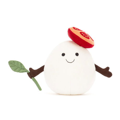 Plush Amuseables Mozzarella toy  with a tomato red cap and green leaf on a white background