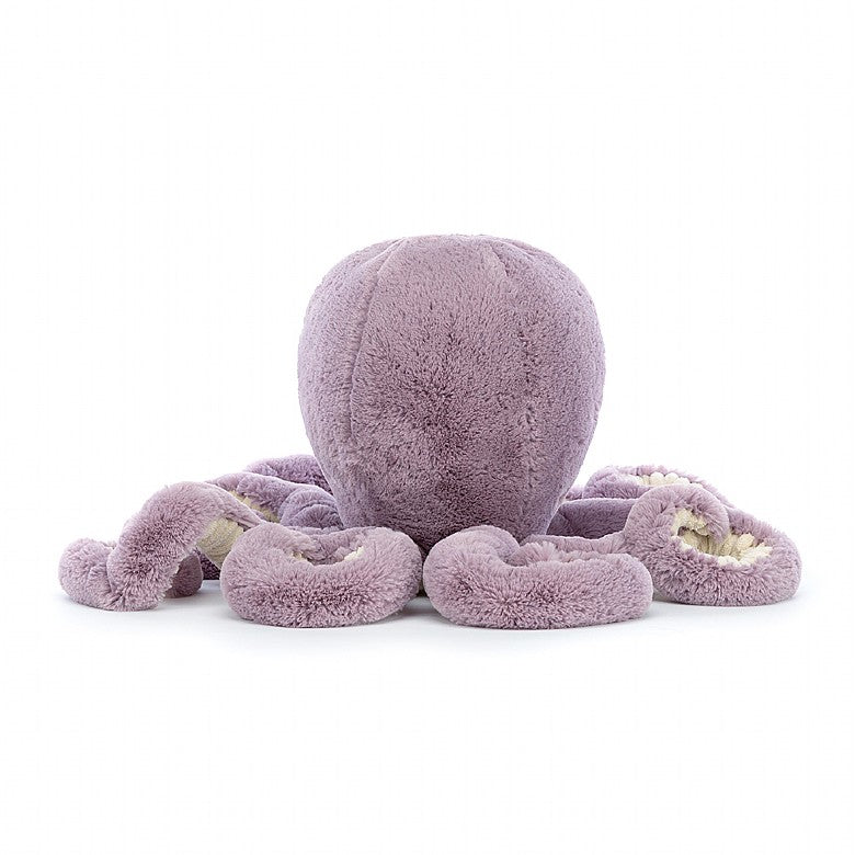 Rear view of a fluffy purple Maya Octopus Large toy on a white background
