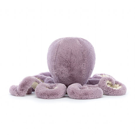 Rear view of a fluffy purple Maya Octopus Large toy on a white background