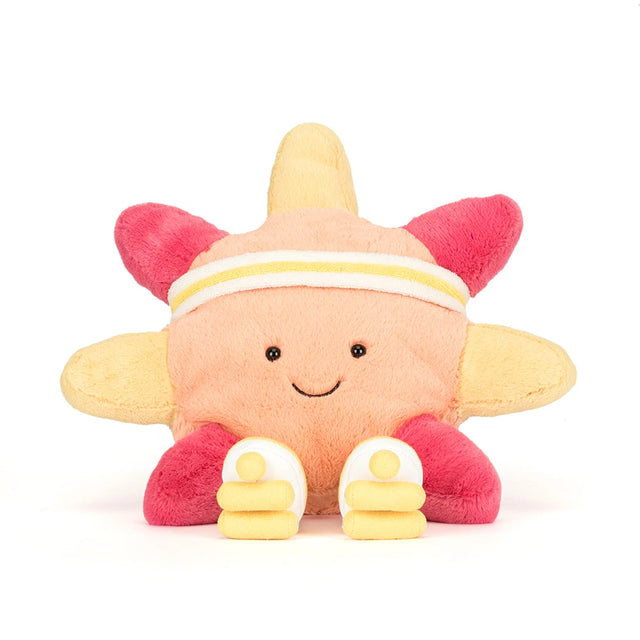 Soft plush sun character with smiling face wearing a white and yellow headband and yellow roller skates, called Amuseables Sun 'Roller Skates' ideal for kids and toddler toys.