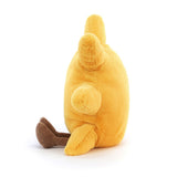 Side view of a yellow plush toy Amuseables Sun with brown feet on a white background