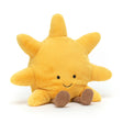 Soft yellow plush sun with a smiling face and small brown feet, designed as a friendly cuddly toy called Amuseables Sun.