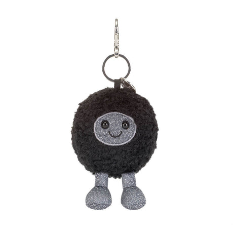 Amuseables Black Hole Bag Charm featuring a soft black plush design with a smiling face and silver textured feet, attached to a metal keyring for easy use.