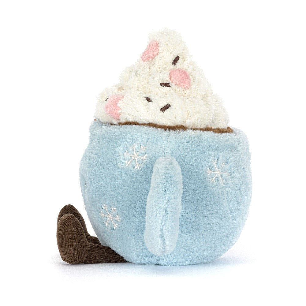 Side view of a plush Amuseables Hot Chocolate with Marshmallows in a blue mug with snowflake patterns on a white background