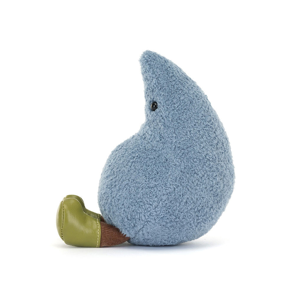 Side view of a blue plush toy Amuseables Happy Raindrop with green feet on a white background