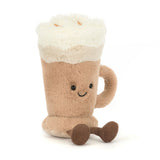 Plush toy shaped like a smiling latte glass with whipped cream top and small brown feet, soft and cuddly Amuseables Latte design.