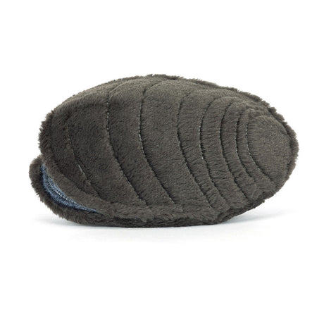 Amuseables Michelle Mussel soft plush toy in dark gray with stitched segments, designed as a cuddly stuffed toy for children and toy collectors.