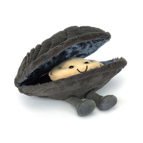Soft plush toy of a smiling clam inside a dark gray shell with textured details and fabric legs, designed as the Amuseables Michelle Mussel for children's play.