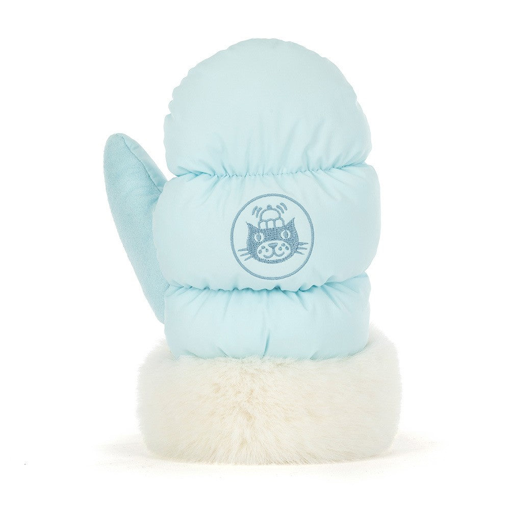 Light blue Amuseables Mitten with a playful animal face embroidery and a soft white furry cuff, designed to keep little hands warm and cozy.