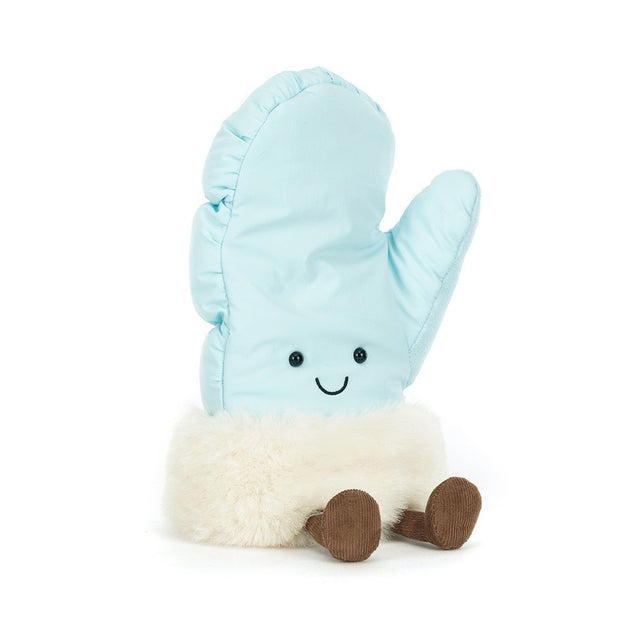 Amuseables Mitten soft blue mitten toy with a smiling face, fluffy white cuff, and small brown feet, perfect as a playful toddler toy or stuffed toy gift.