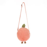 Amuseables Peach Shoulder Bag features a soft, round peach-shaped design with a long adjustable strap, green leaf detail, and cute small feet at the bottom.