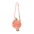 Amuseables Peach Shoulder Bag is a soft, plush peach-shaped bag with a smiling face, small feet, a green leaf detail, and an adjustable peach-colored shoulder strap.