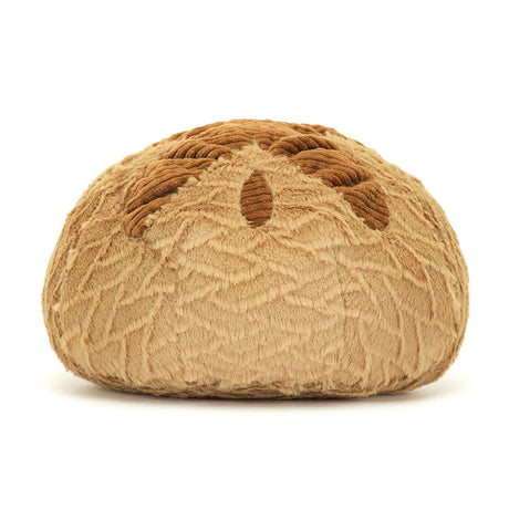 Soft, plush toy shaped like a round loaf of bread with textured brown crust details, representing Amuseables Sourdough in a friendly and cozy design.