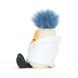 Soft plush toy wearing the Amuseables Boiled Egg Scientist Outfit, featuring a white lab coat and spiky blue hair, perfect for kids plush toys.