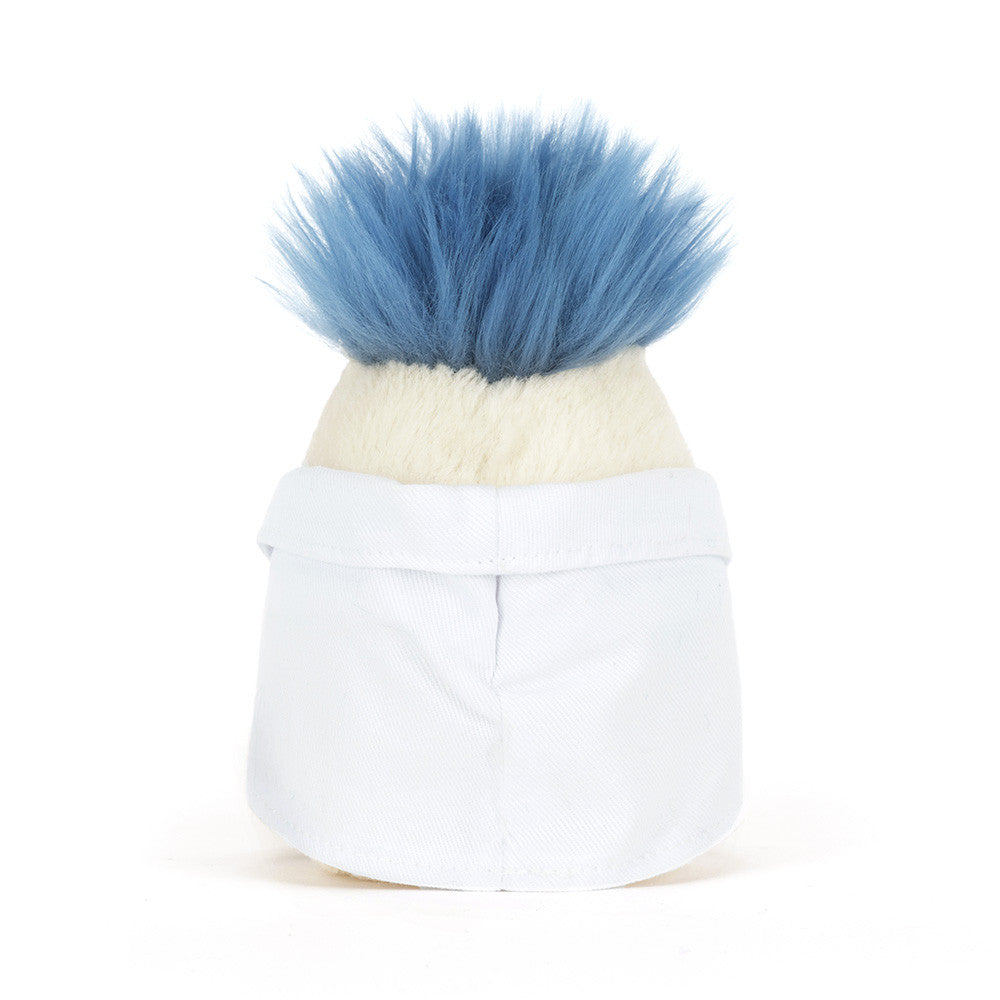Plush boiled egg toy wearing a white lab coat and sporting fluffy blue hair, part of the Amuseables Boiled Egg Scientist Outfit for kids plush toys.