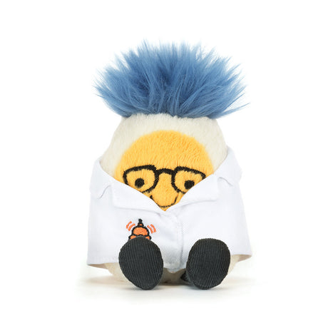 Amuseables Boiled Egg Scientist Outfit plush toy with blue hair, yellow face, and white lab coat on a white background