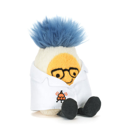 Amuseables Boiled Egg Scientist Outfit stuffed toy resembling a scientist with blue hair and glasses on a white background