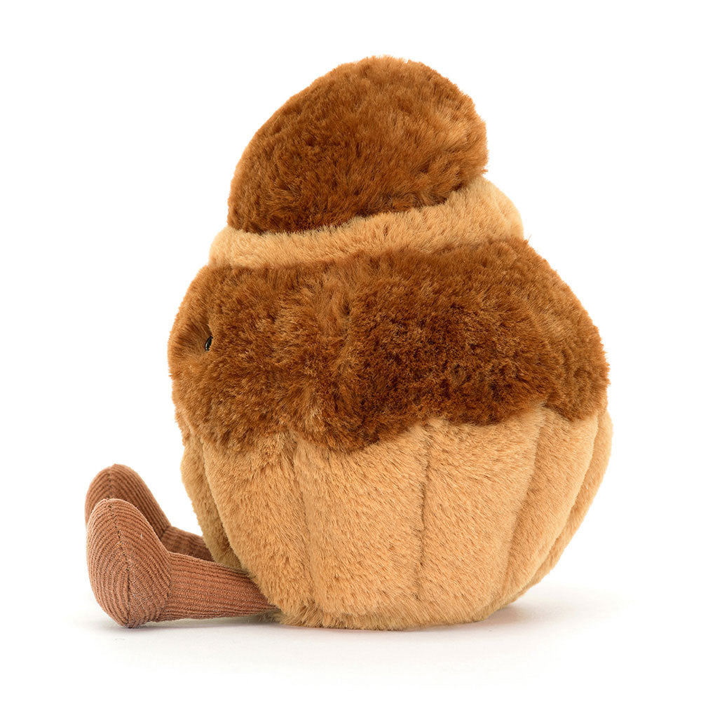 Soft and cuddly Amuseables Brigitte Brioche plush toy designed as a cute, smiling brioche with textured brown and tan fabric and a cozy corduroy leg, perfect for kids.