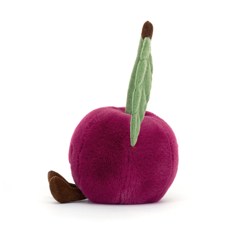 Amuseables Cherry is a soft, plush toy shaped like a deep red cherry with a green felt leaf and a small brown feet, perfect for children’s imaginative play and as a cute stuffed toy.