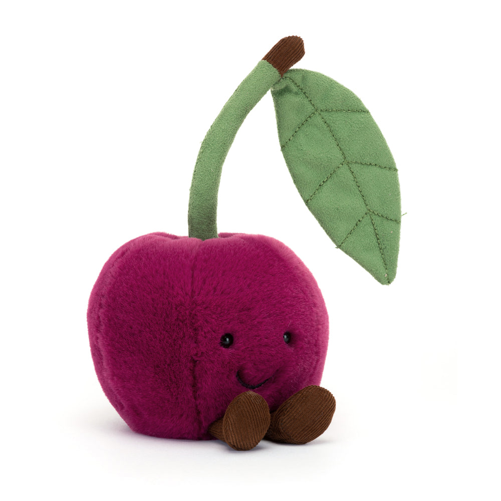 Amuseables Cherry is a soft plush toy featuring a deep red cherry with a smiling face, cute brown feet, and a green fabric leaf and stem, perfect as a kid's gift.