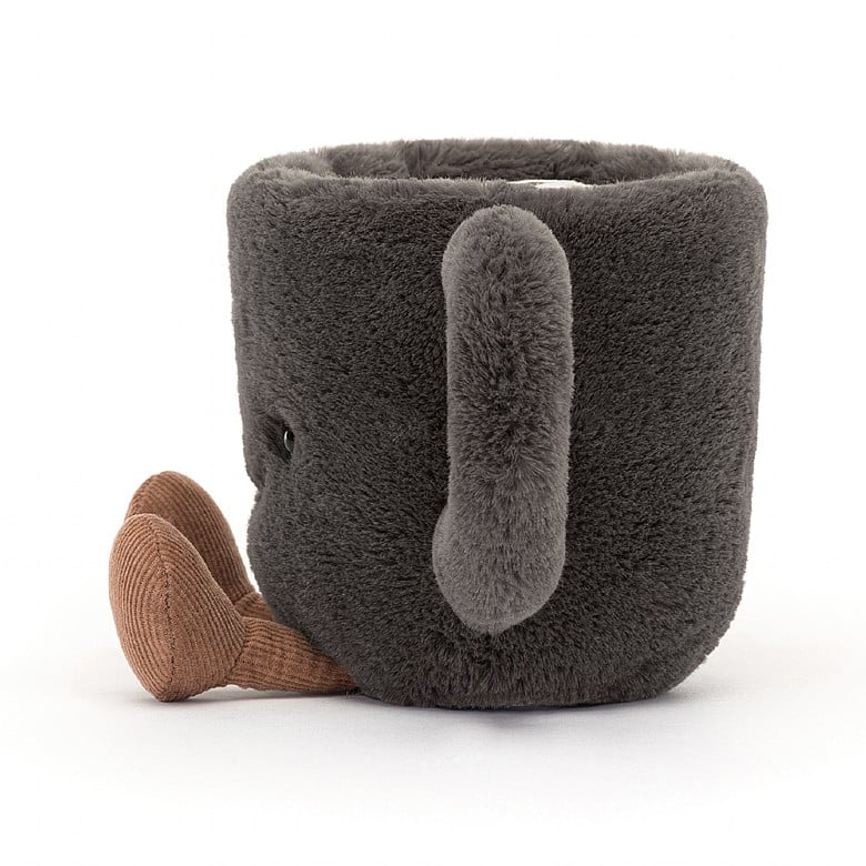 Soft plush toy shaped like a coffee cup with a fuzzy dark gray exterior, a small handle, and two brown fabric feet, designed as the Amuseables Coffee Cup.