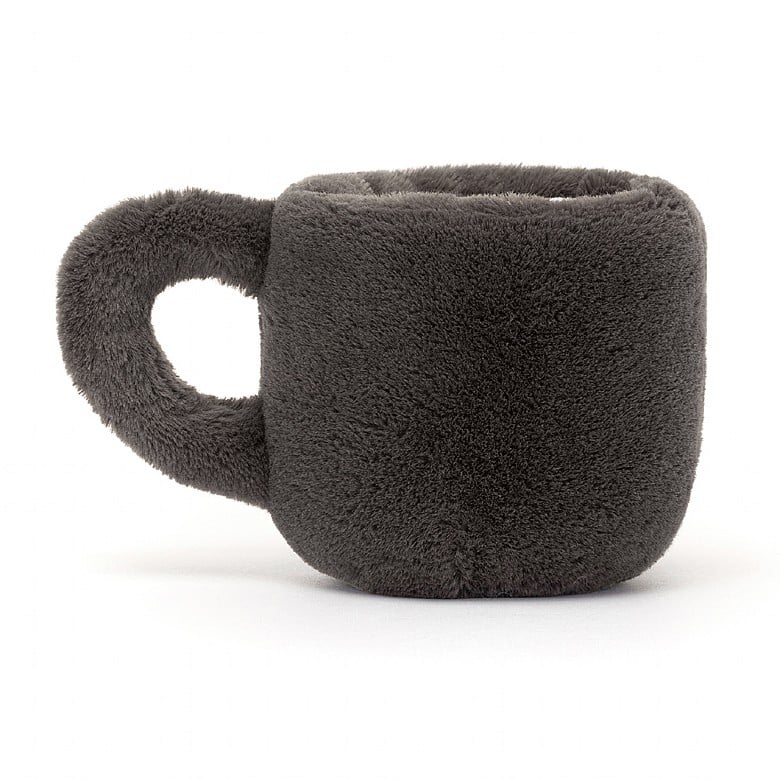 Soft, plush dark gray cup-shaped item with a handle, designed to resemble a coffee mug, called Amuseables Coffee Cup.