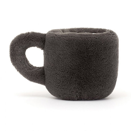 Soft, plush dark gray cup-shaped item with a handle, designed to resemble a coffee mug, called Amuseables Coffee Cup.