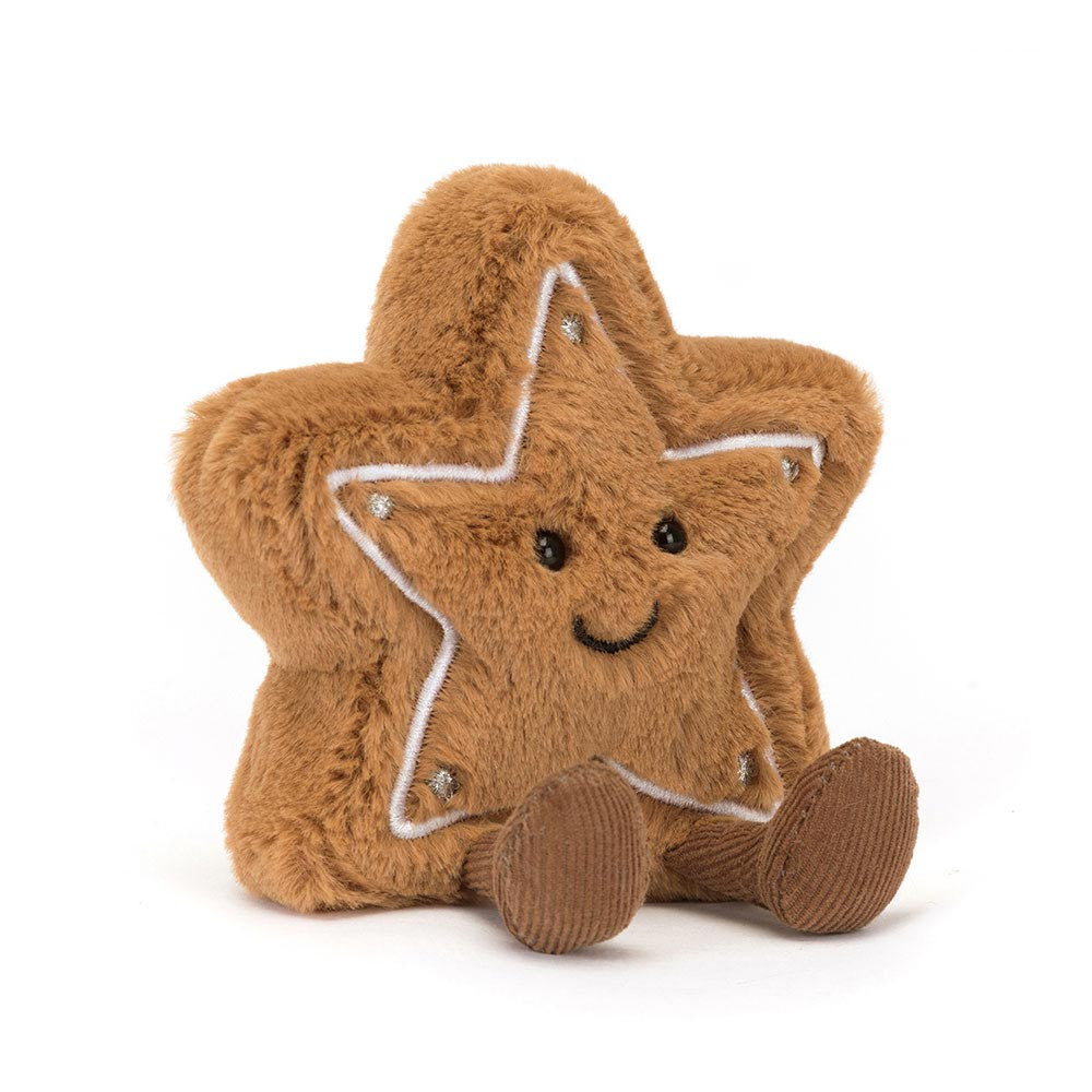 Plush brown star-shaped stuffed toy with embroidered eyes and smile, featuring soft textured fabric and small legs, named Amuseables Star Cookie.