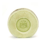 Soft green plush toy shaped like a macaron with an embroidered cat face in the center, designed as the Amuseables Max Macaron for kids.