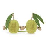 Soft plush green olives with leafy stems and arms holding hands, designed as a playful and cute toy pair called Amuseables Pair of Olives.
