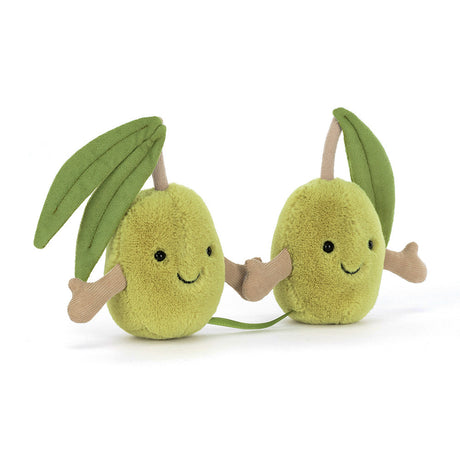 Two plush Amuseables Pair of Olives with smiling faces on a white background