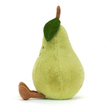 Soft plush toy shaped like a green pear with a brown stem and green leaf, designed as Amuseables Pear, perfect for kids and as a playful gift.