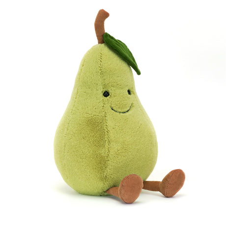 Soft green plush toy shaped like a pear with a smiling face, small black eyes, a brown stem, a green leaf, and brown fabric feet labeled as Amuseables Pear.