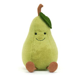 Soft plush toy shaped like a smiling green pear with tiny feet and a leaf, designed as the Amuseables Pear, a charming and friendly kids' stuffed toy.