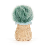 Soft plush toy from behind with beige textured body, a light blue hat with a fluffy green pompom, the Amuseables Peanut 'Après Ski'.