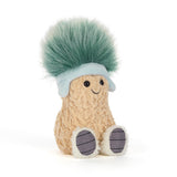 Plush toy of a smiling peanut wearing a light blue hat with a large fluffy green pom-pom and cozy boots, called Amuseables Peanut 'Après Ski'.