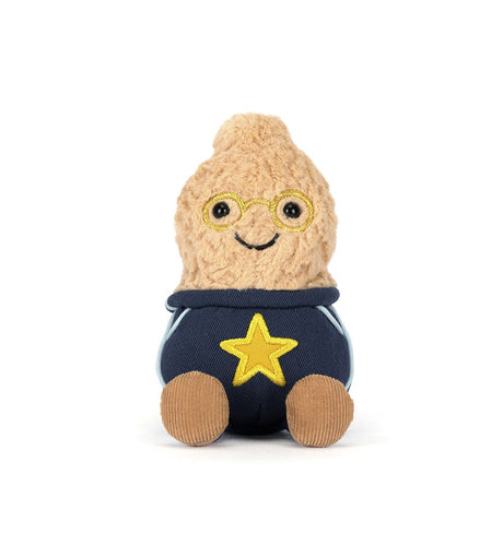 Soft plush toy resembling a peanut wearing a navy blue outfit with a yellow star and round glasses, designed as Amuseables Peanut Star Student Outfit for kids play.