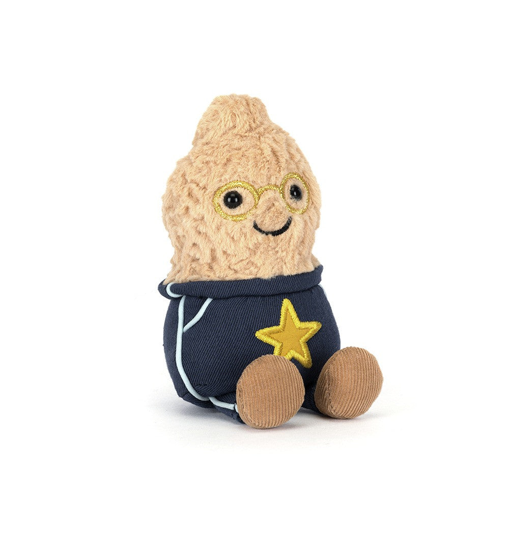 Soft plush peanut character wearing a navy blue outfit with a yellow star patch and glasses, designed as the Amuseables Peanut Star Student Outfit.