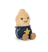 Soft plush peanut character wearing a navy blue outfit with a yellow star patch and glasses, designed as the Amuseables Peanut Star Student Outfit.