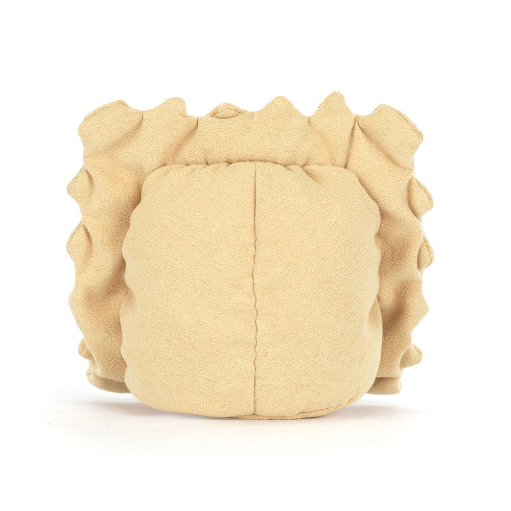 Rear view of a plush beige Amuseables Ravioli with ruffled edges on a white background