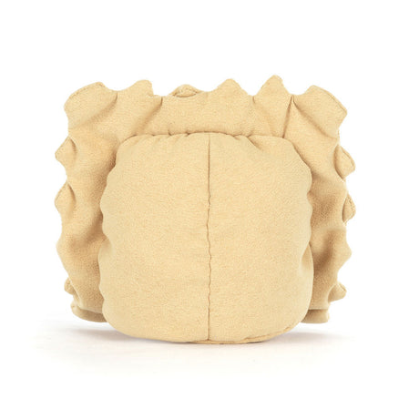 Soft beige plush toy shaped like a ravioli pasta piece with ruffled edges, designed as the Amuseables Ravioli for a playful and cozy look.