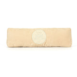 Soft beige corduroy fabric ruler with a circular stitched emblem in the center,  the Amuseables Ruler. 